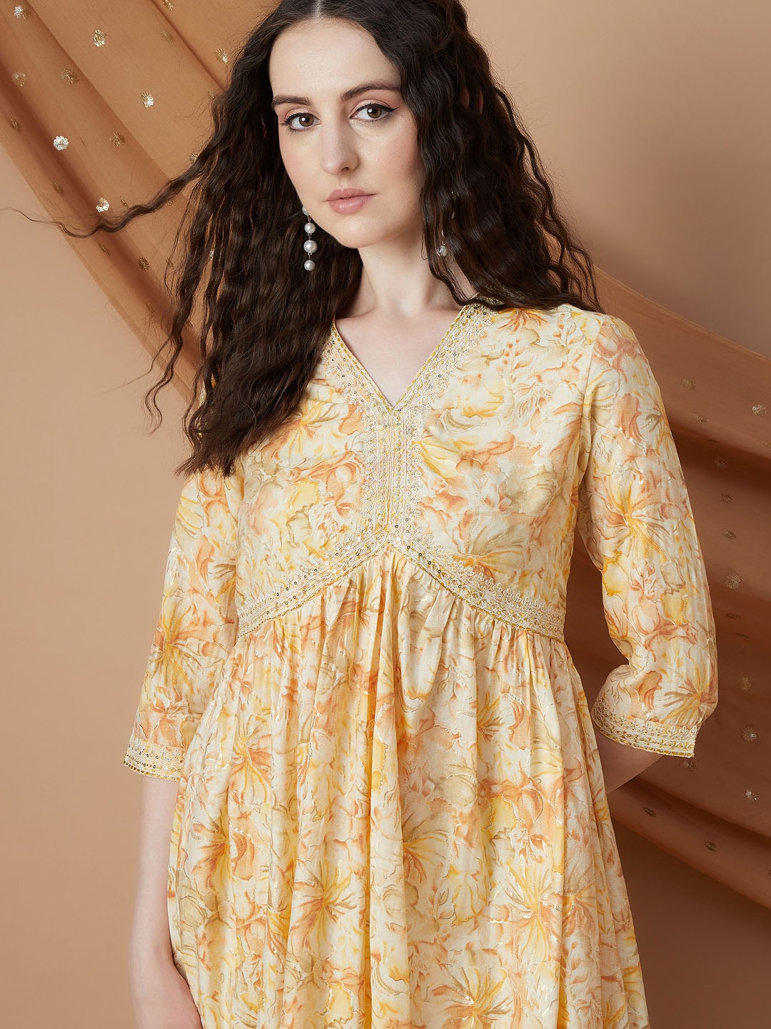 Melange by Lifestyle Floral Printed V Neck Thread Work Pure Cotton A-Line Kurta, Yellow
Melange by Lifestyle Floral Printed V Neck Thread Work Pure Cotton A-Line Kurta, Yellow