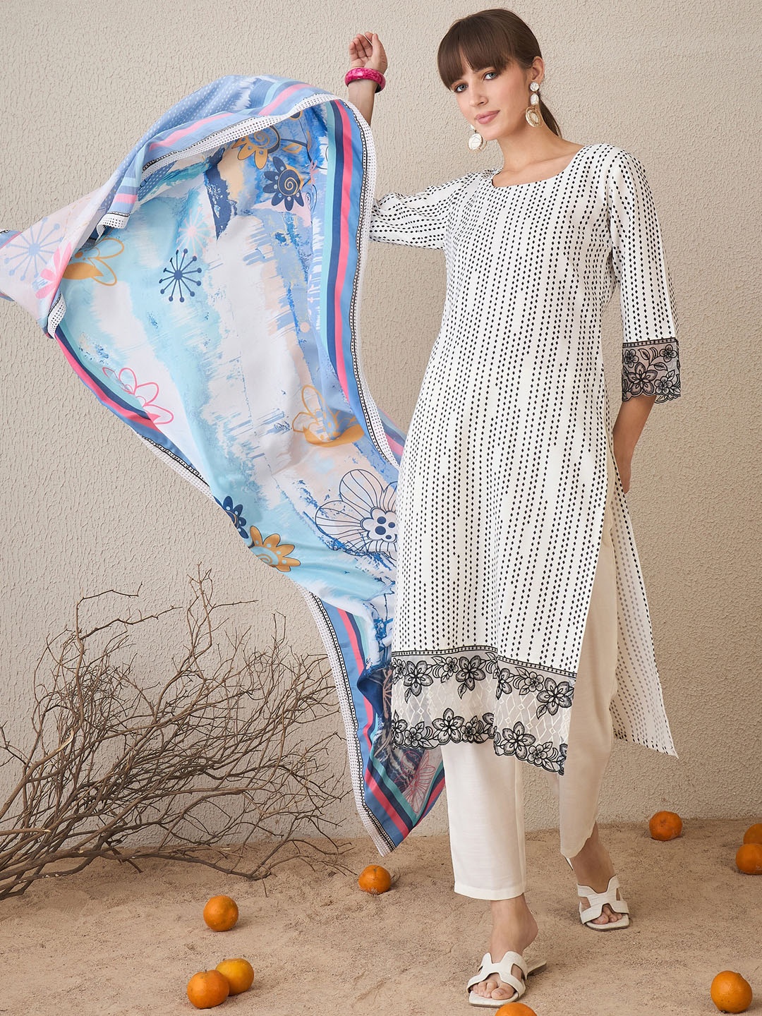 Indo Era Geometric Printed Pure Cotton Straight Kurta With Trousers & Dupatta, White
Indo Era Geometric Printed Pure Cotton Straight Kurta With Trousers & Dupatta, White