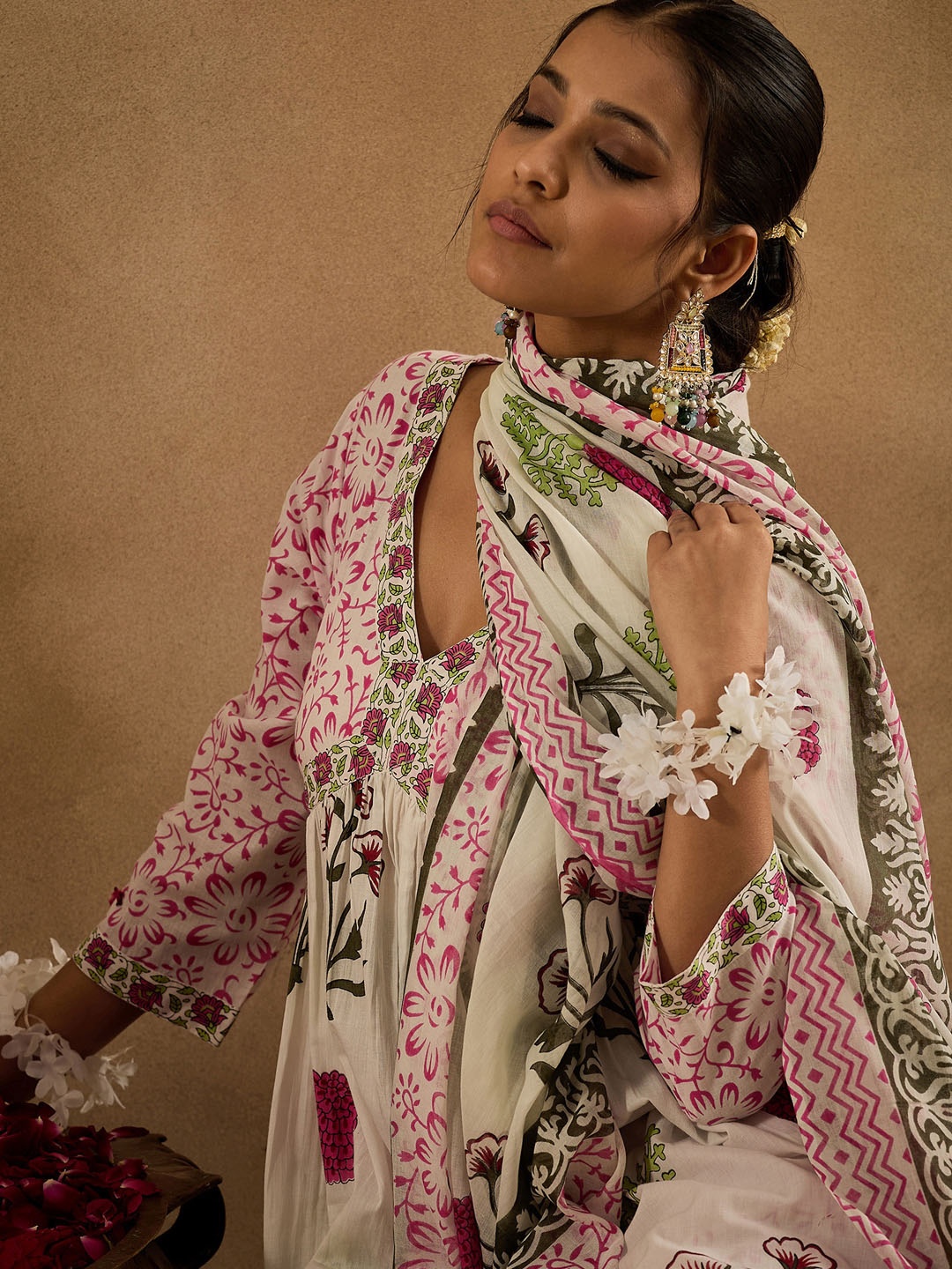 Indo Era Floral Printed V-Neck Cotton Empire Anarkali Kurta With Trousers & Dupatta, White
Indo Era Floral Printed V-Neck Cotton Empire Anarkali Kurta With Trousers & Dupatta, White