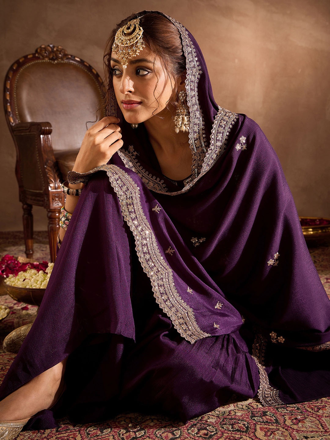 Indo Era Ethnic Motifs Embroidered Sequinned Straight Kurta With Sharara & Dupatta, Purple
Indo Era Ethnic Motifs Embroidered Sequinned Straight Kurta With Sharara & Dupatta, Purple