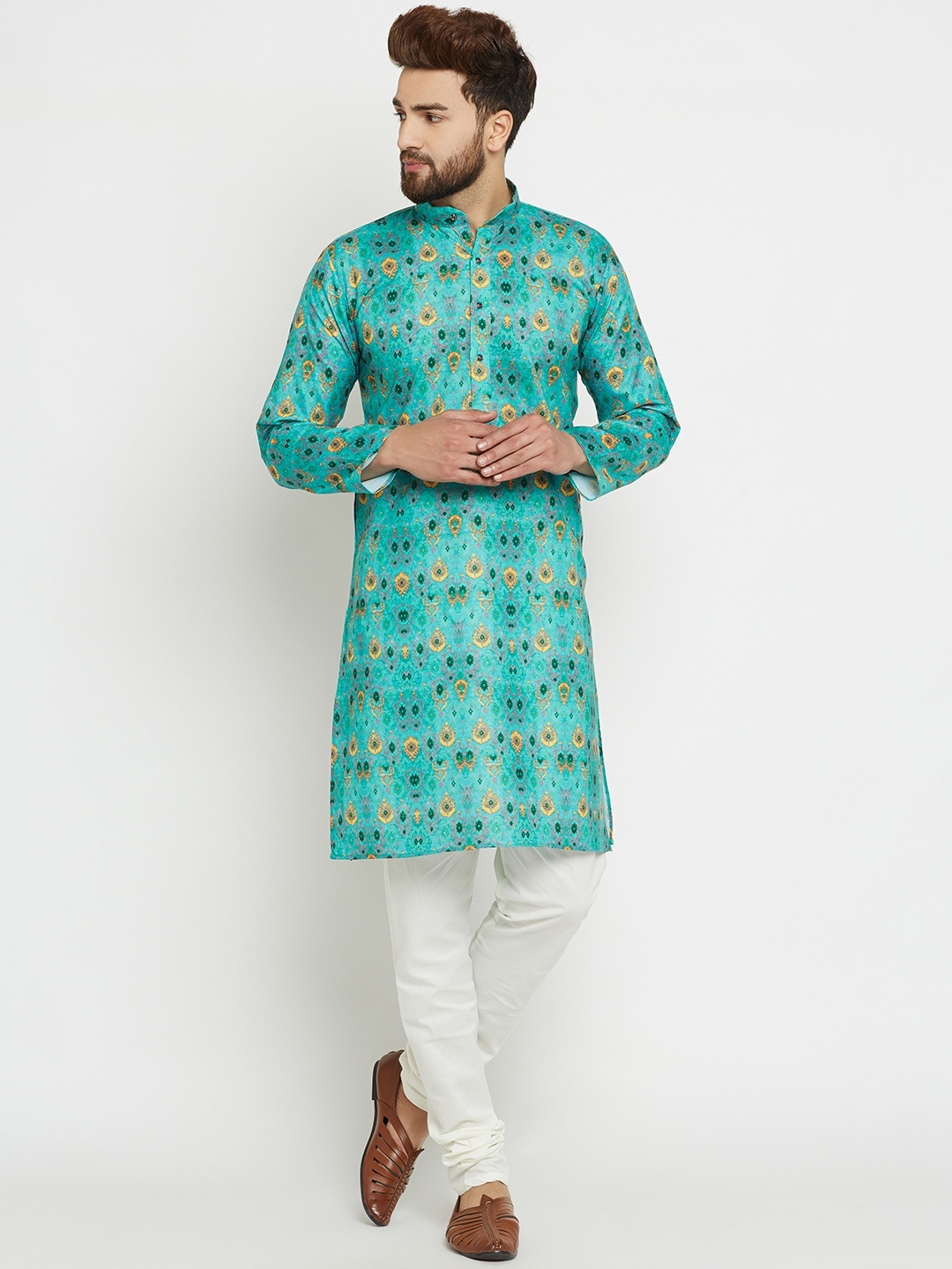 SOJANYA Men Green Printed Straight Kurta