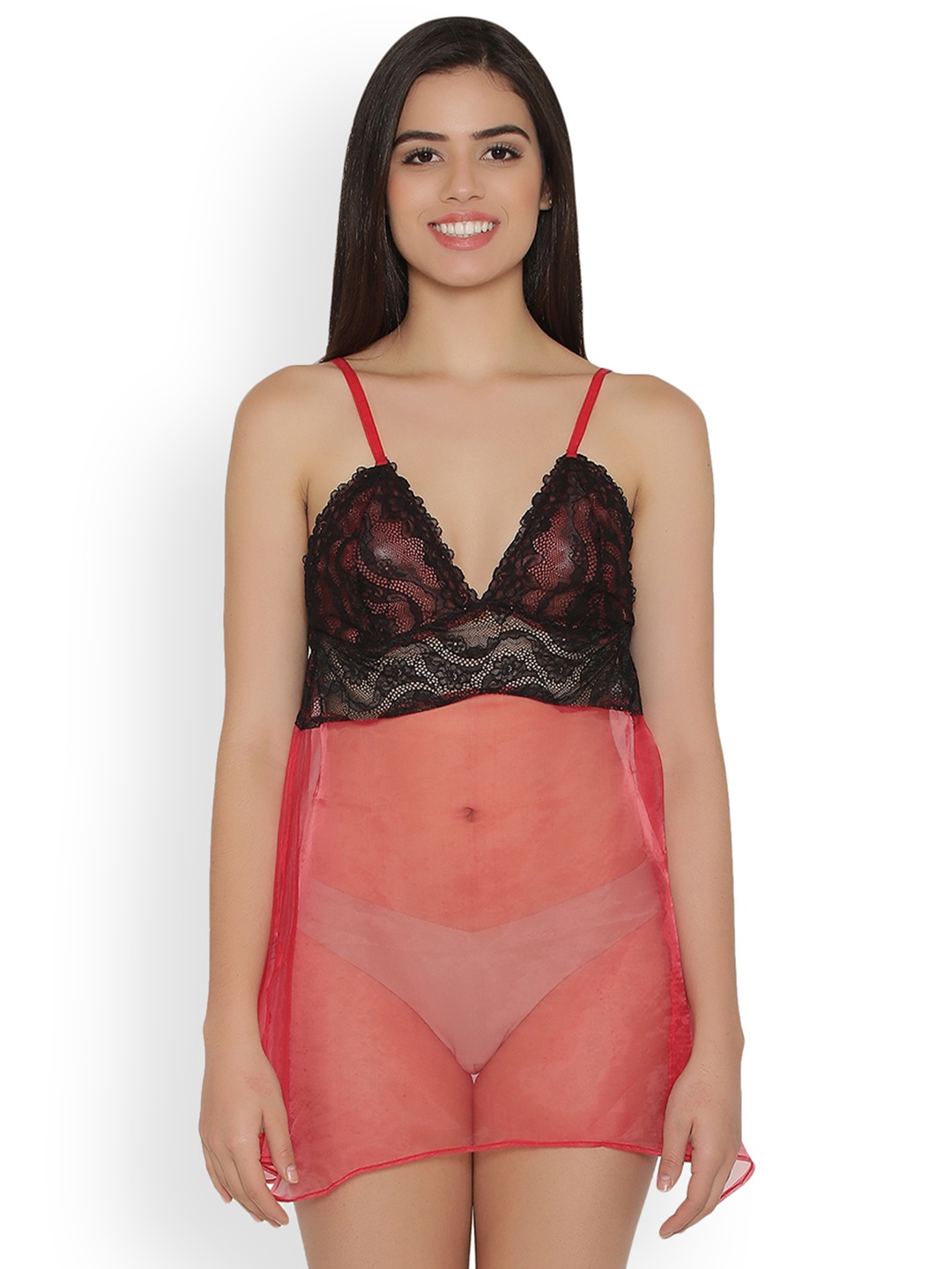 Clovia Coral Solid Sheer Baby Doll