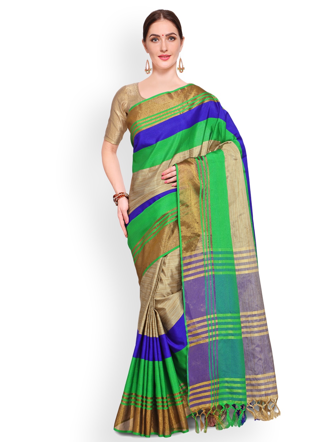 Saree mall Beige & Green Silk Blend Striped Banarasi Saree