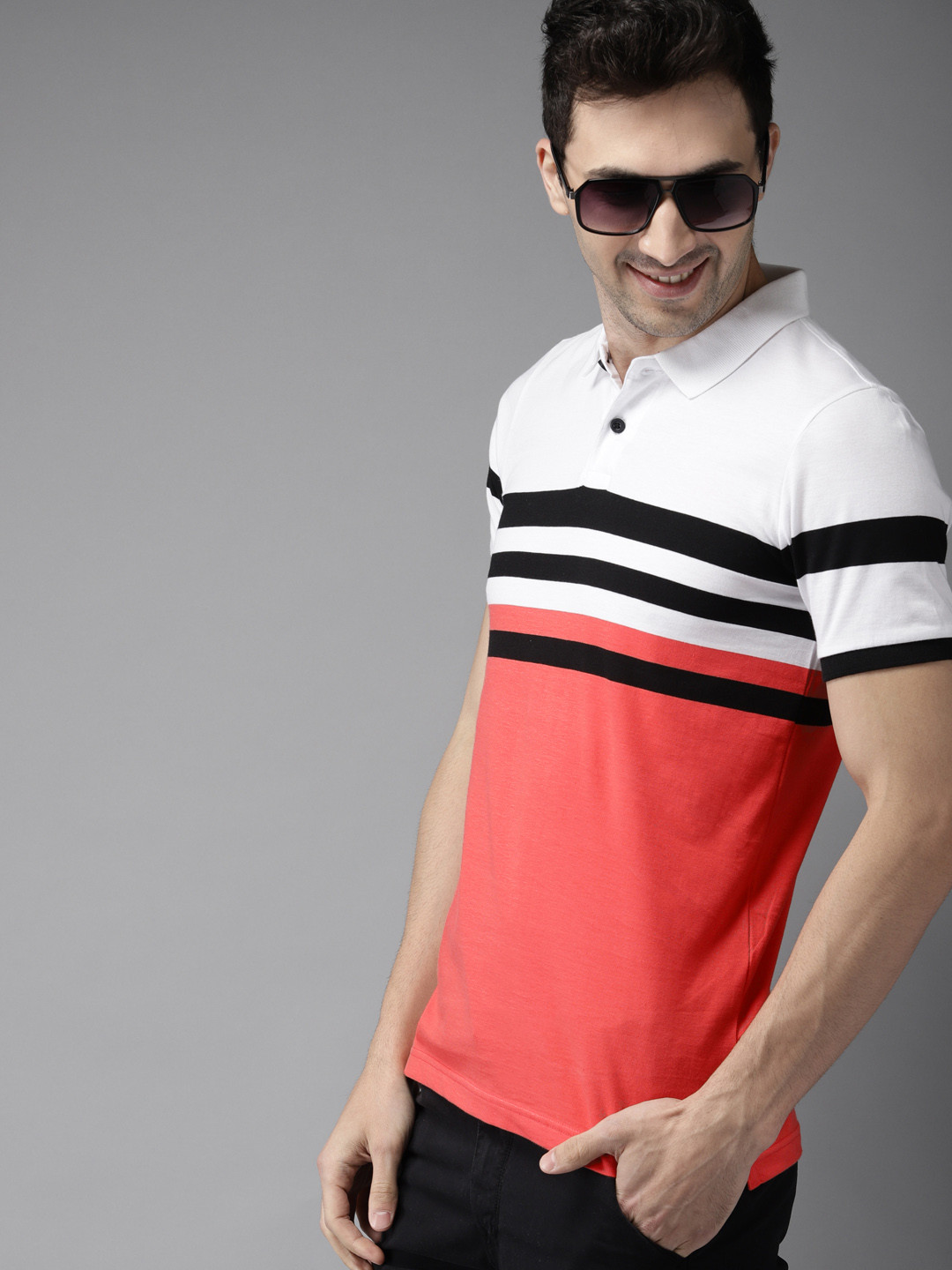 HERENOW Men White Coral Colourblocked Polo Collar T-shirt 
HERENOW Men White Coral Colourblocked Polo Collar T-shirt