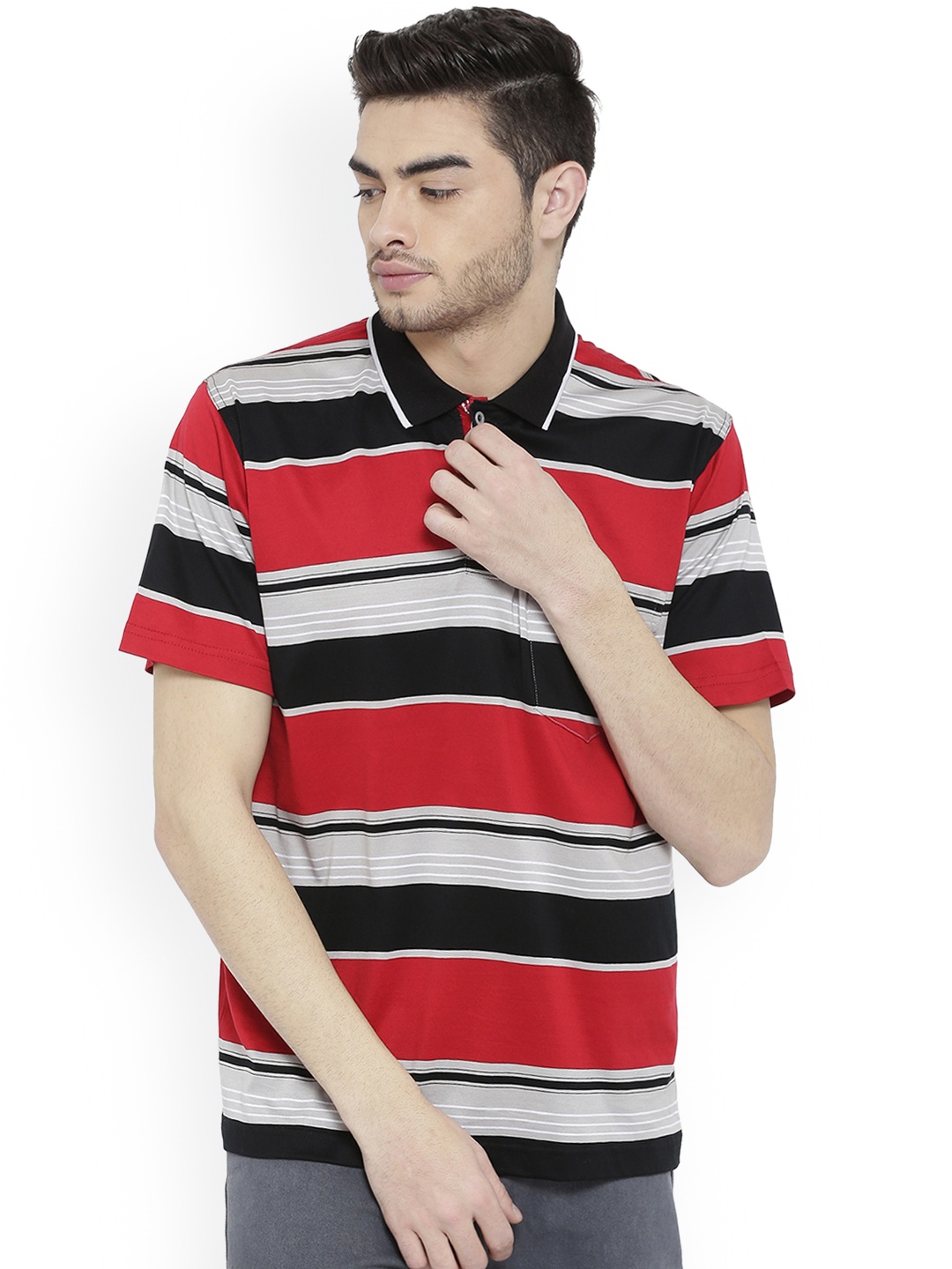 Duke Men Black Striped Polo Collar T-shirt