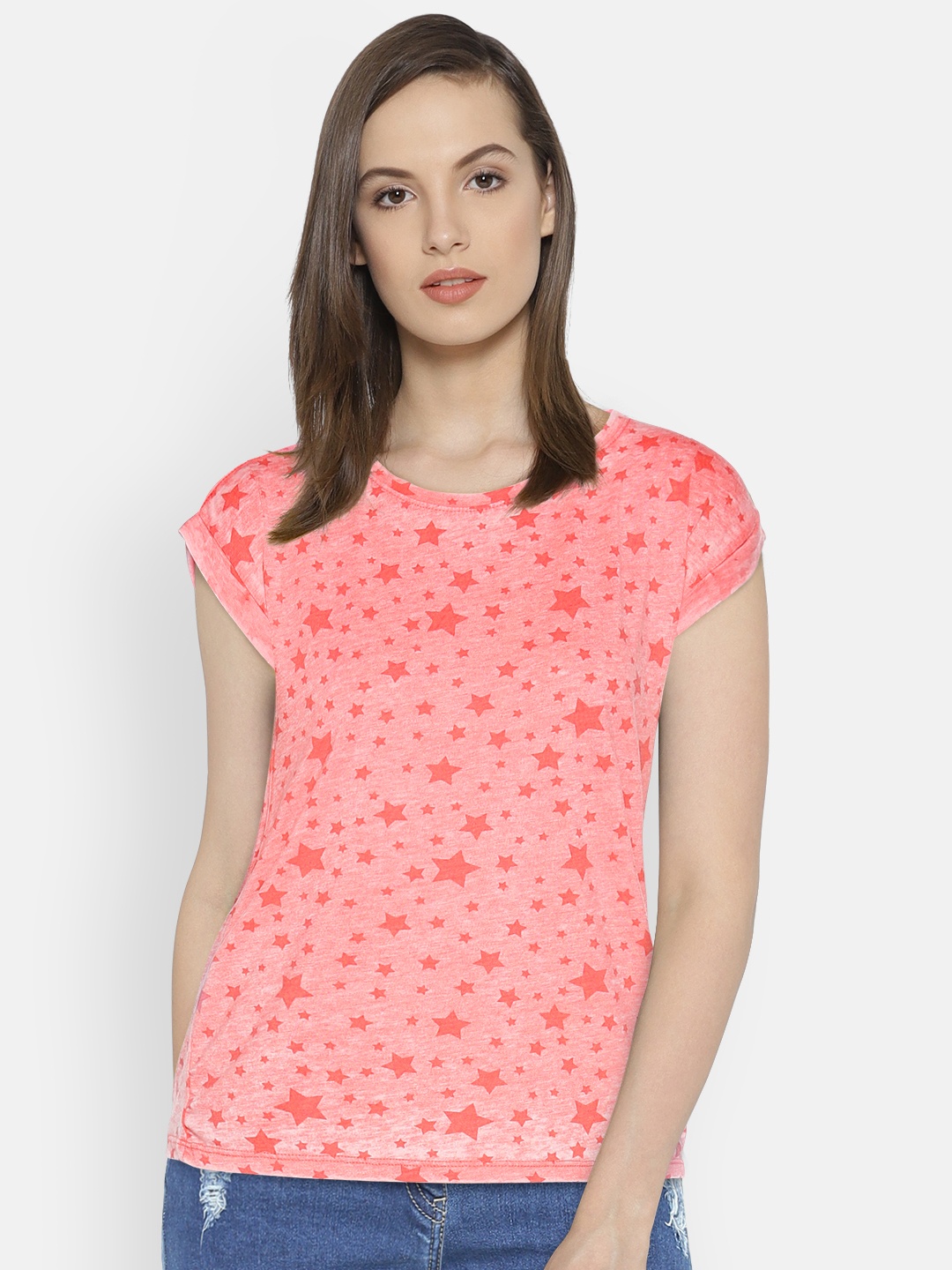 Pepe Jeans Women Coral Pink Printed Round Neck T-shirt