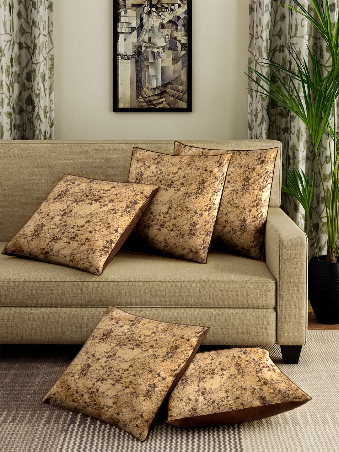 ROMEE Beige Set of 5 Ethnic Motifs Square Cushion Covers