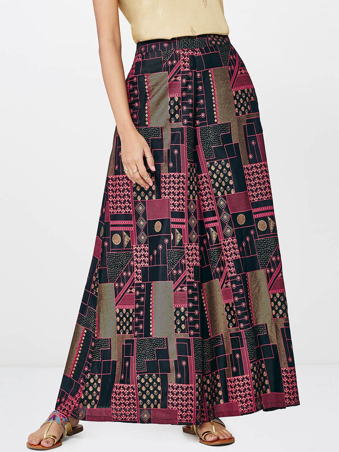 Global Desi Women Black Flared Printed Palazzos