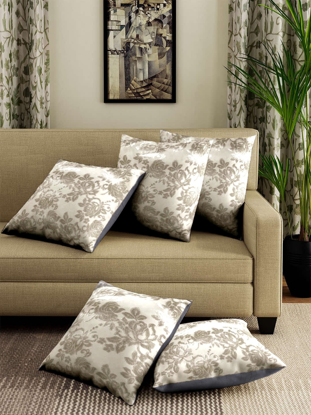 ROMEE Beige Set of 5 Floral Square Cushion Covers
