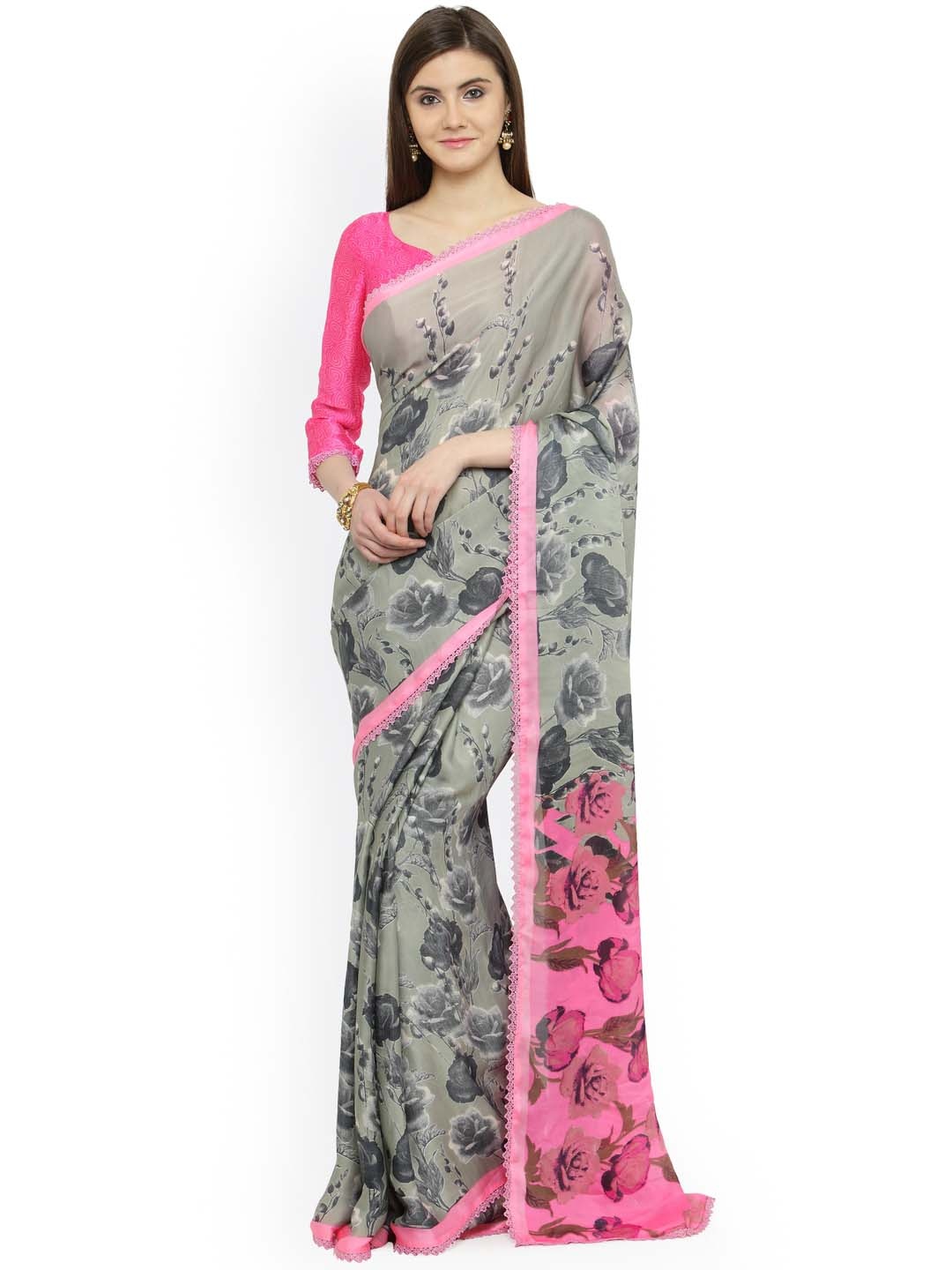 Shaily Grey & Pink Satin Printed Saree