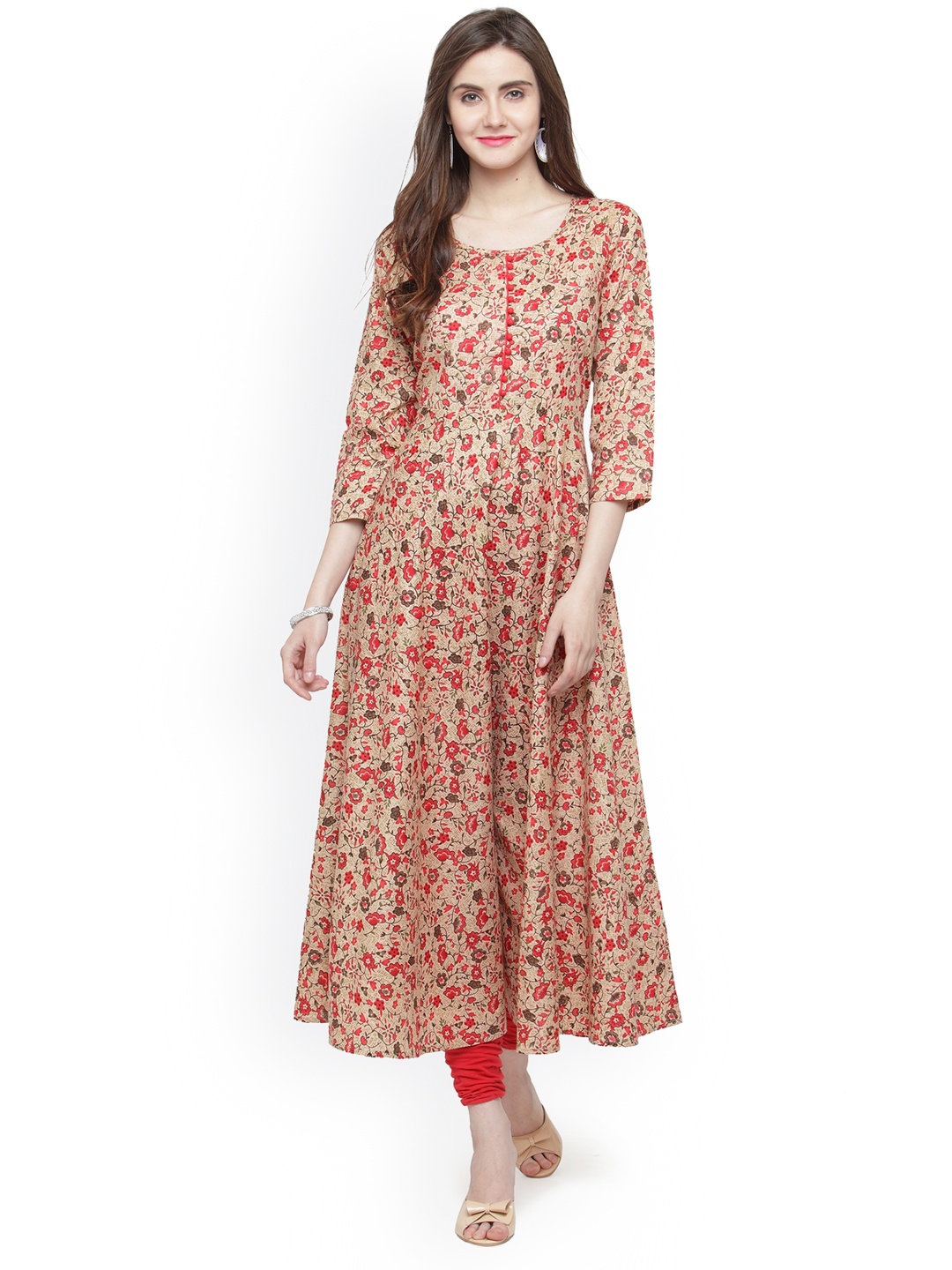 Jompers Women Red & Beige Floral Printed A-Line Kurta