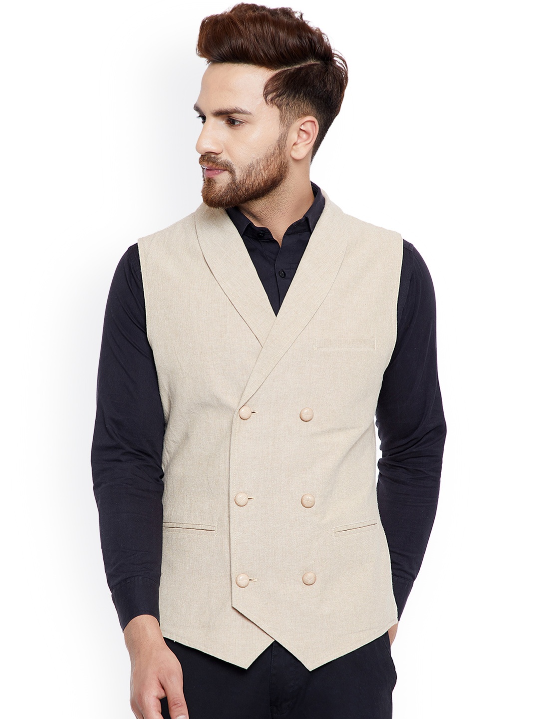 Hypernation Men Beige Double-Breasted Waistcoat