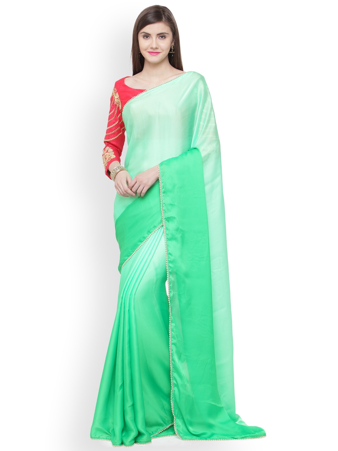 Shaily Green & Fluorescent Green Satin Solid Saree