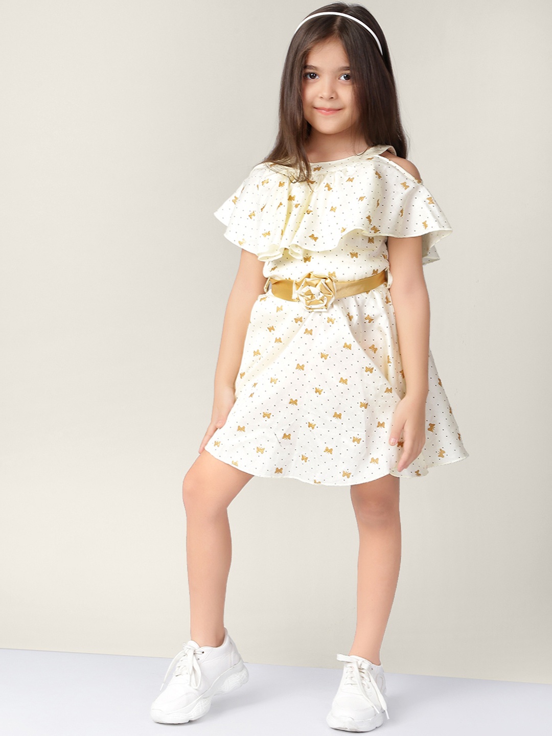 Naughty Ninos Girls White Printed Fit and Flare Dress