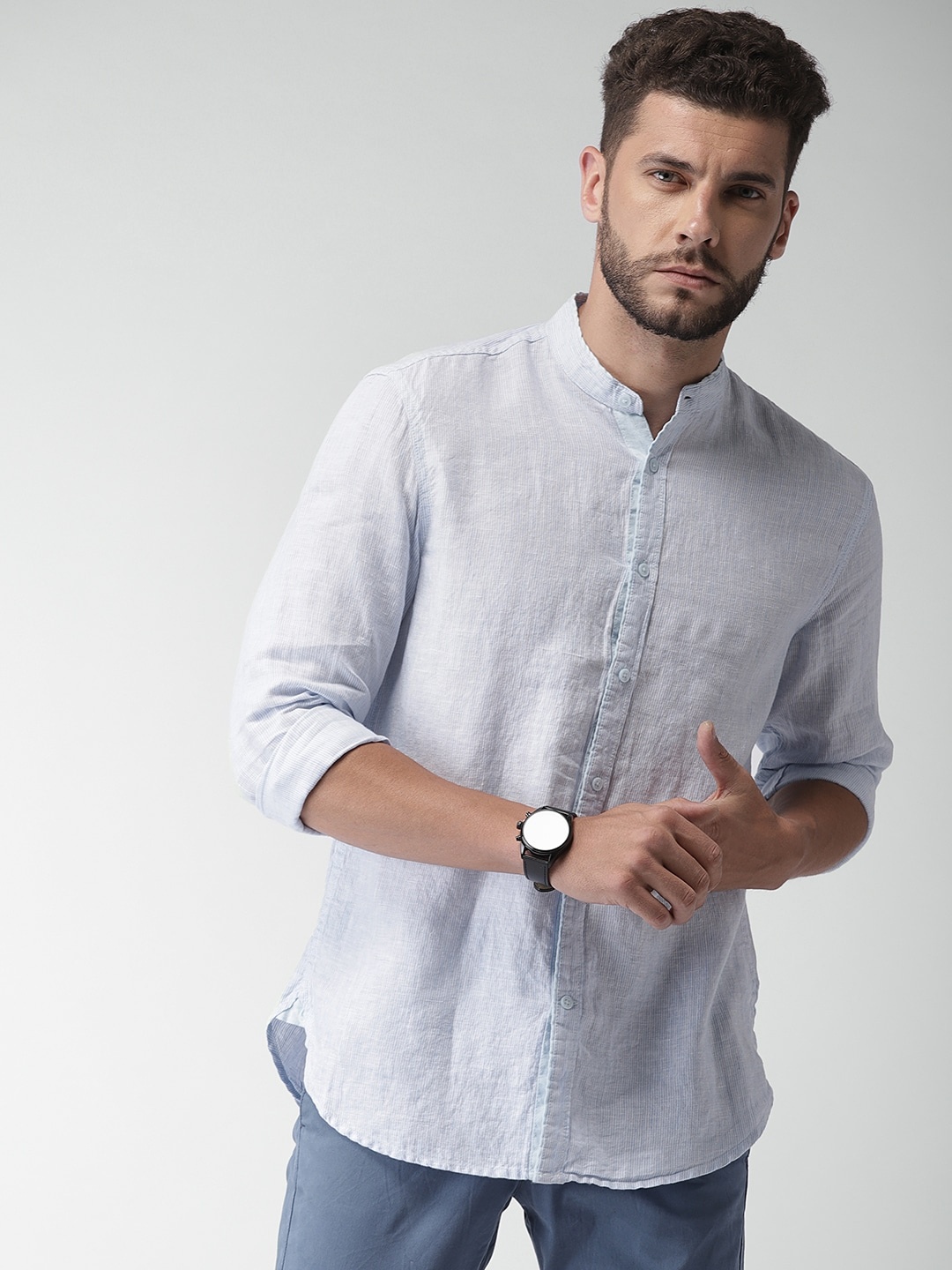 Celio Men Blue Pure Linen Regular Fit Self-Striped Casual Sustainable Shirt