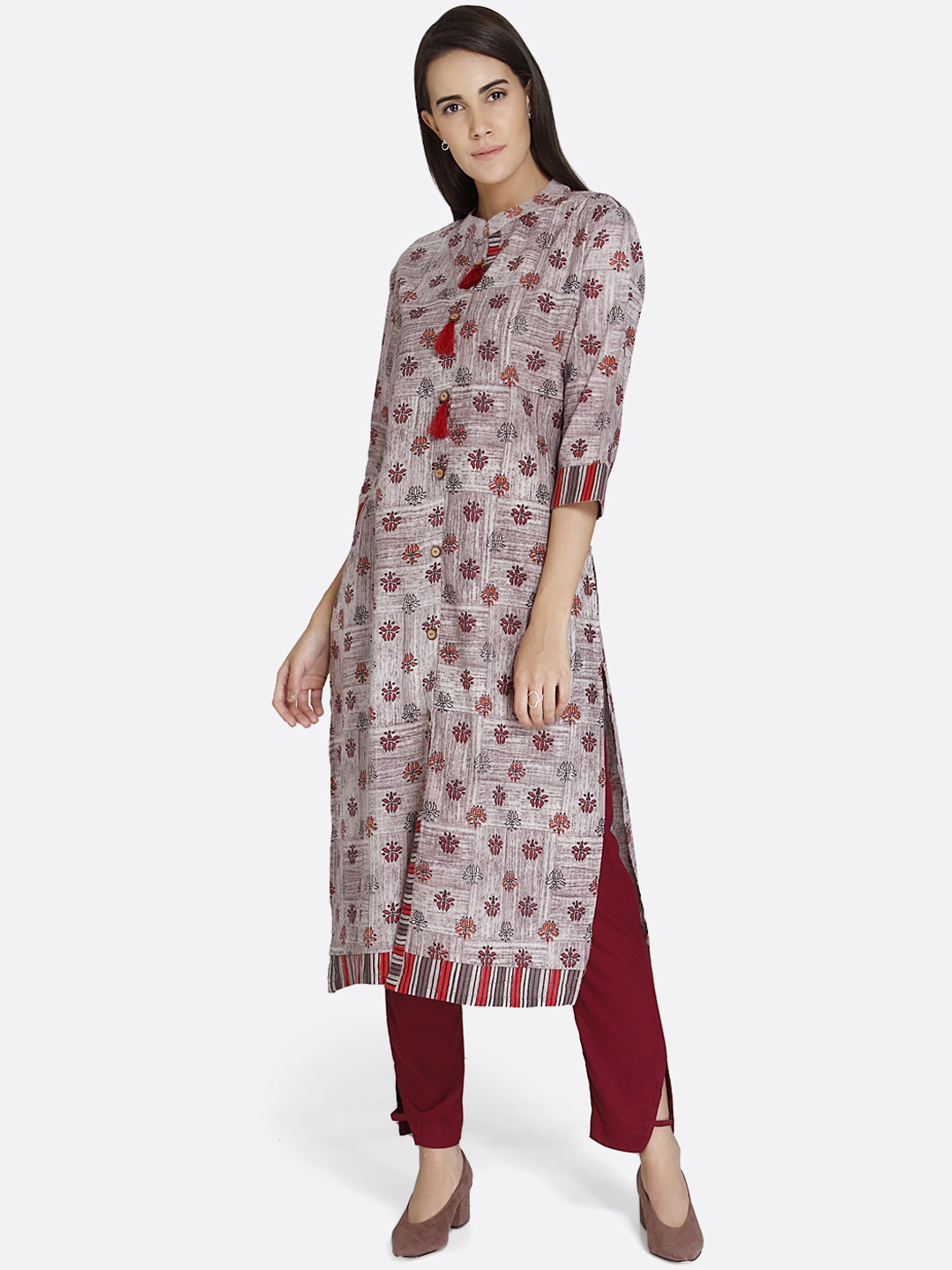 shiloh Women Grey & Maroon Printed Straight Kurta