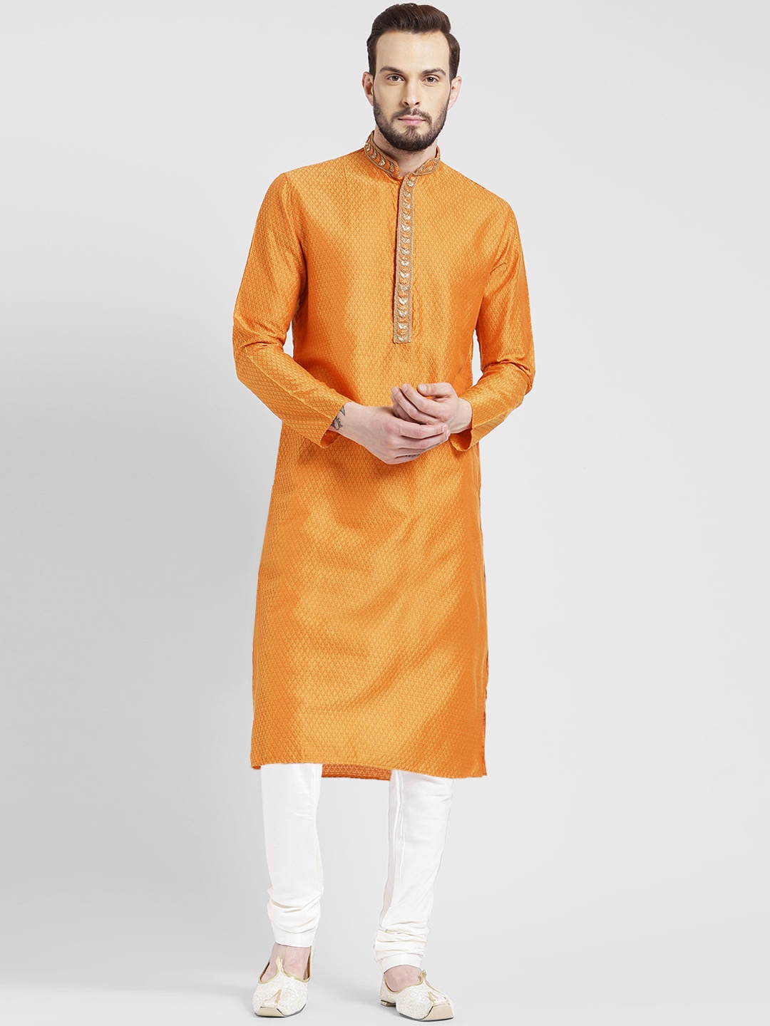 KISAH Men Orange Woven Design Straight Kurta
