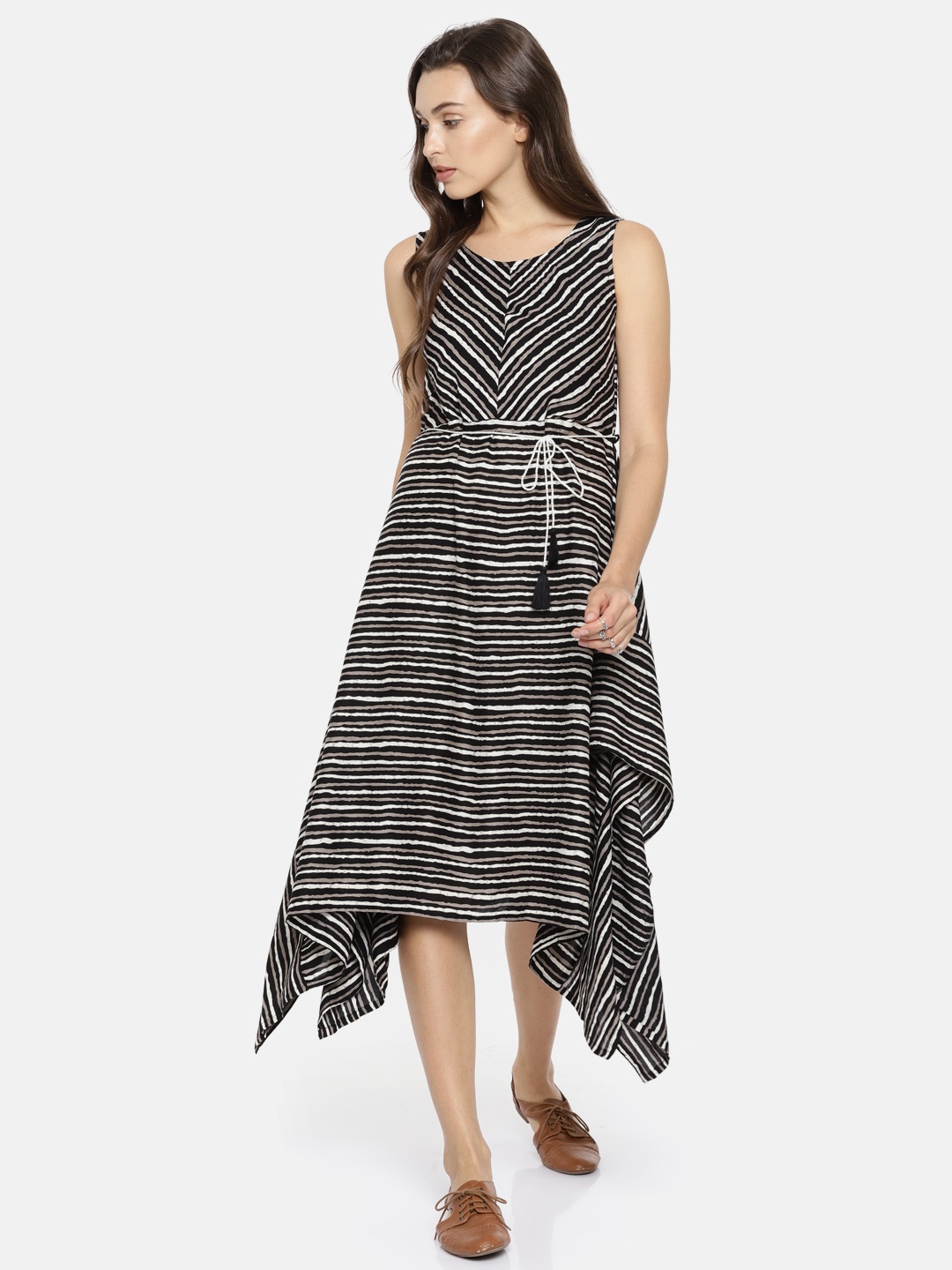 Global Desi Women Black & White Striped A-Line Dress