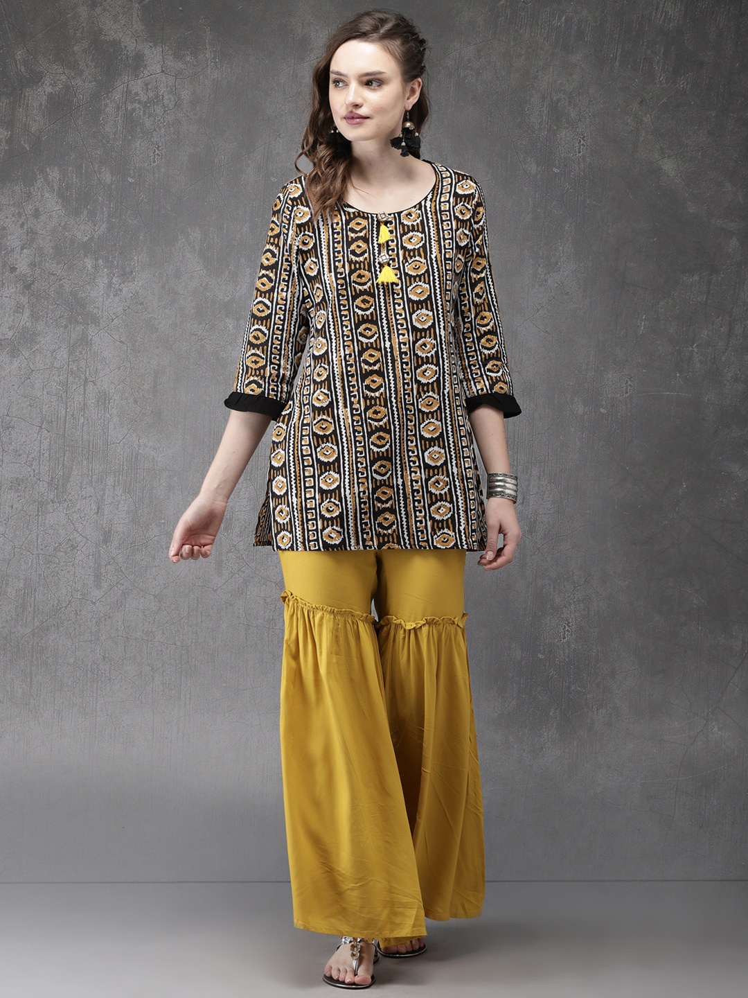 Anouk Women Black & Mustard Printed Kurti with Sharara
