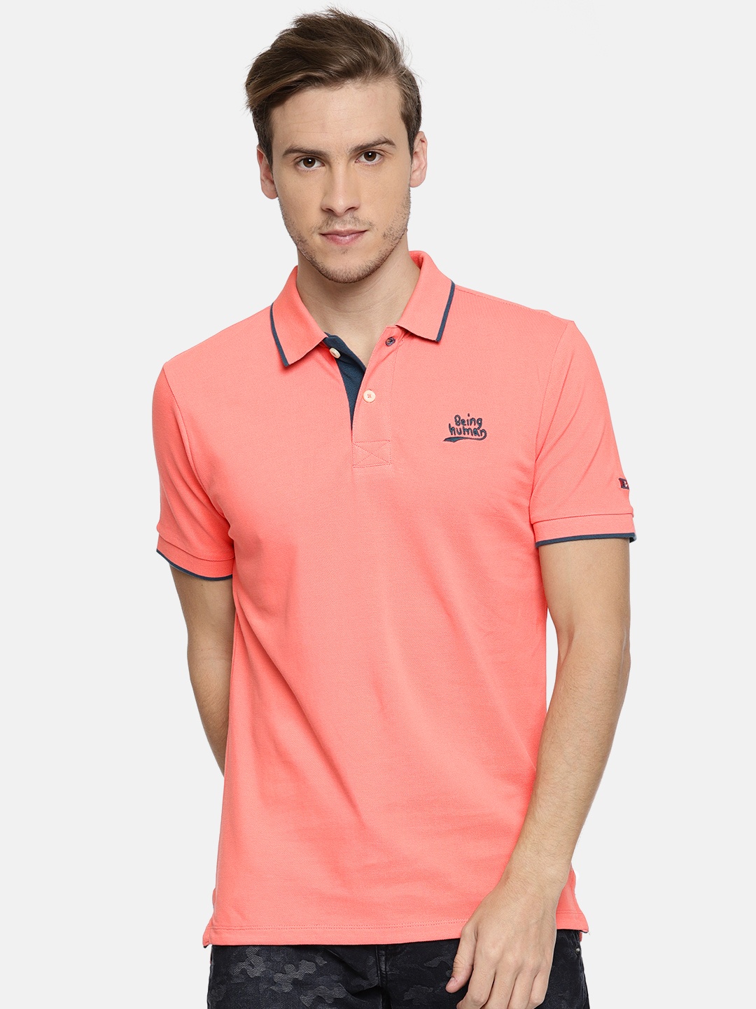 Being Human Men Coral Pink Solid Polo Collar Pure Cotton T-shirt