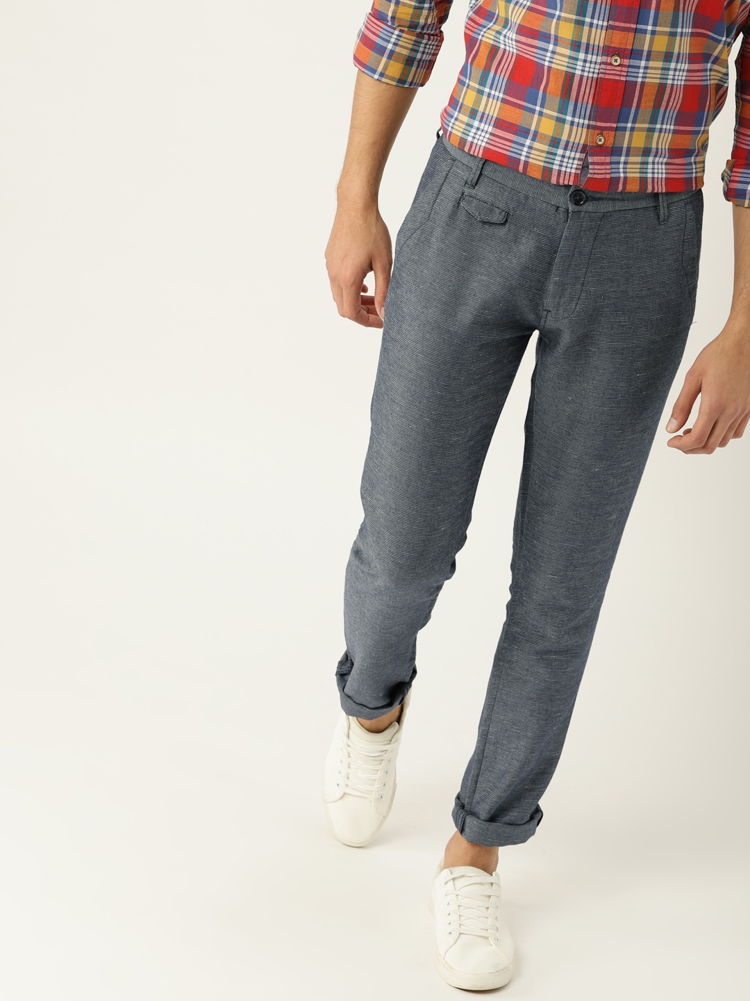 United Colors of Benetton Men Blue Regular Fit Solid Trousers