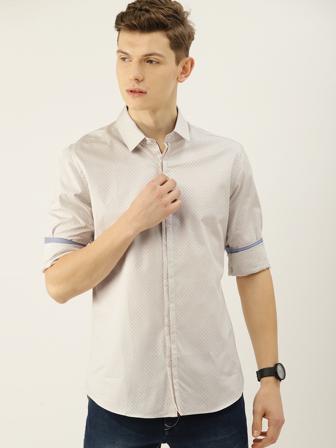 United Colors of Benetton Men Cream-Coloured Slim Fit Self Design Casual Shirt