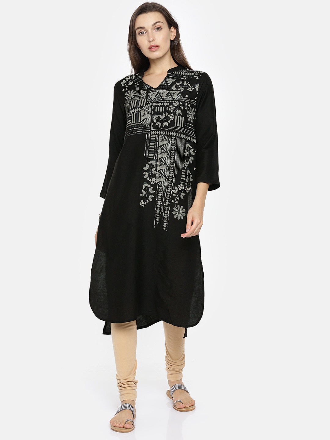 Global Desi Women Black Geometric Printed Straight Kurta