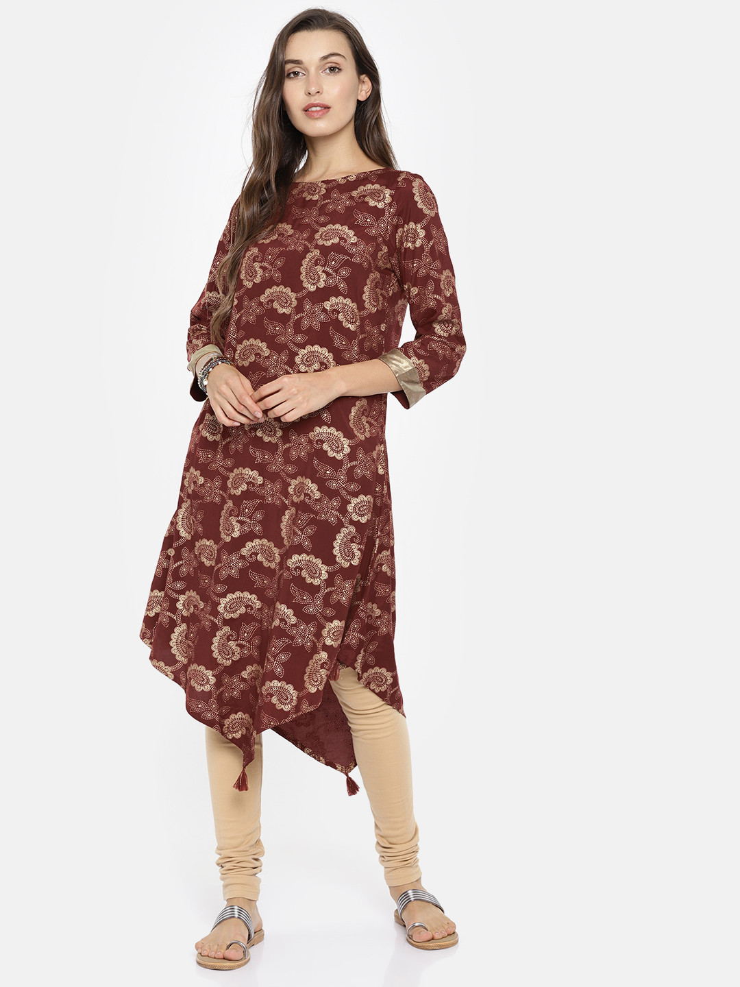 Global Desi Women Maroon & Gold-Toned Ethnic Foil Printed Asymmetric A-Line Kurta
Global Desi Women Maroon & Gold-Toned Ethnic Foil Printed Asymmetric A-Line Kurta