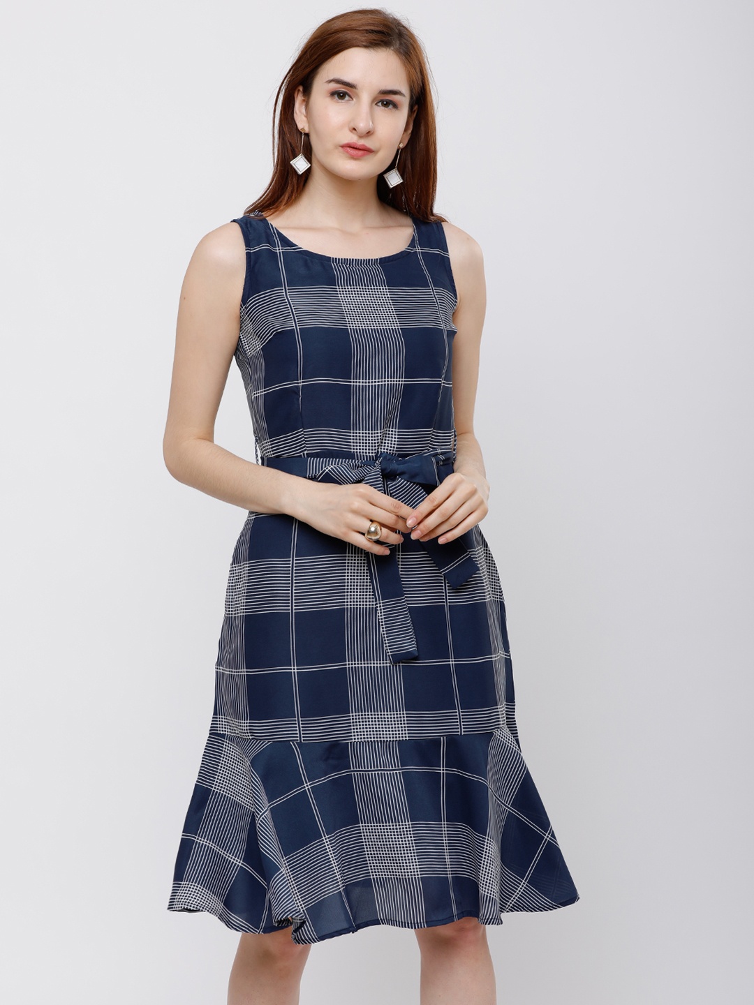 Tokyo Talkies Women Navy Blue Checked Fit and Flare Dress