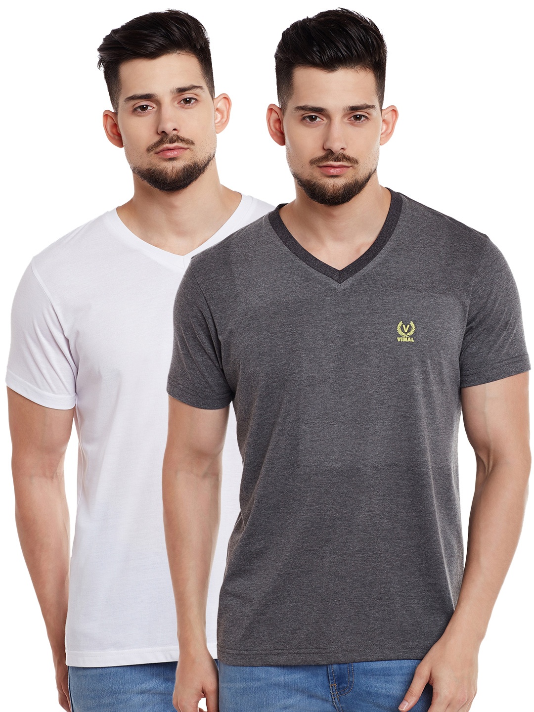 VIMAL JONNEY Men Pack of 2 V-Neck T-shirts, White