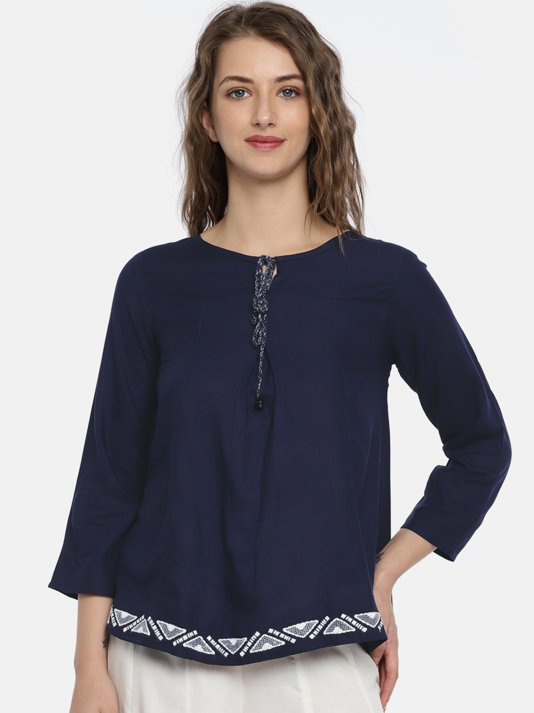 Global Desi Women Navy Blue Solid Top