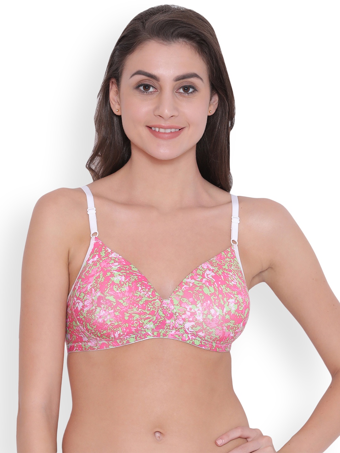 Clovia Padded Non-Wired Floral Print T-Shirt Bra, Pink