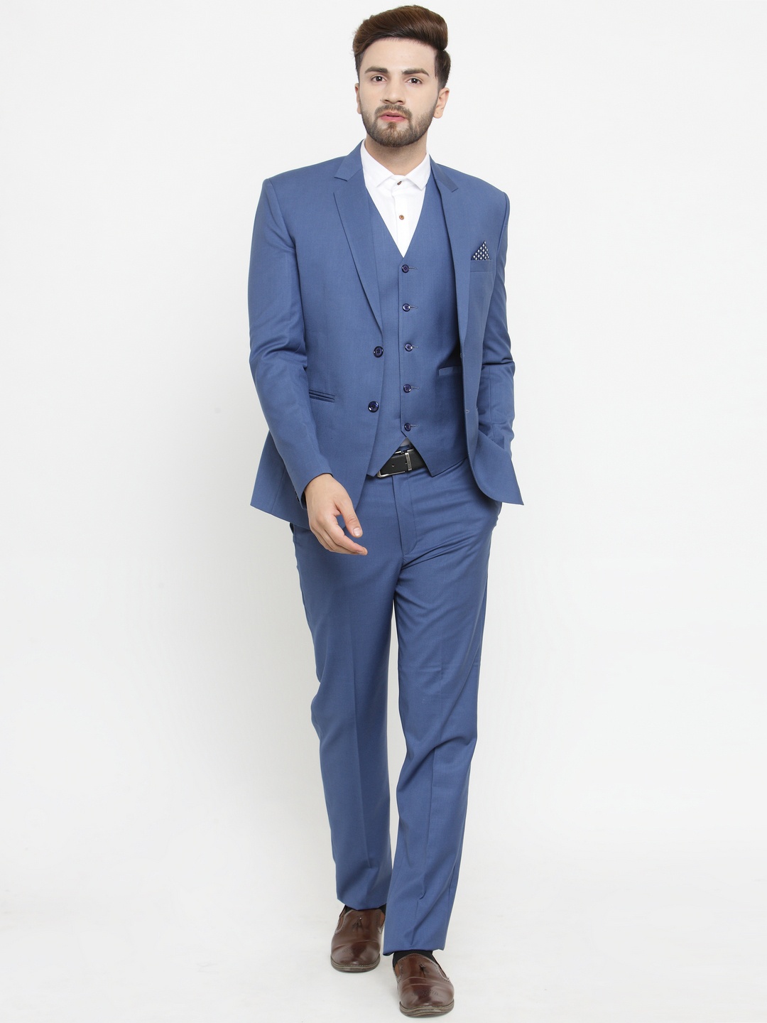 LUXURAZI Blue Solid Single-Breasted Formal Suit