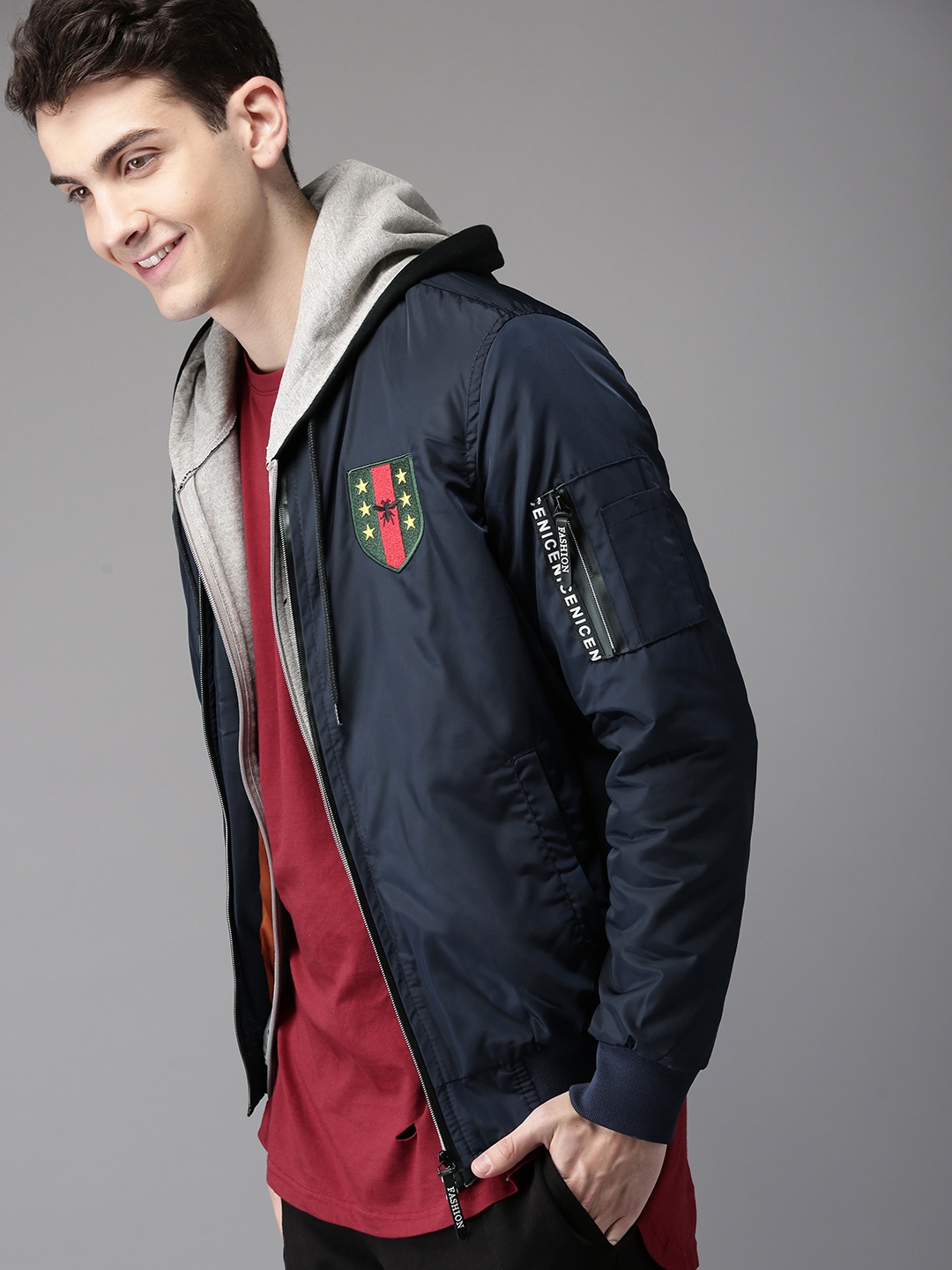 HERE&NOW Men Navy Blue Solid Bomber
