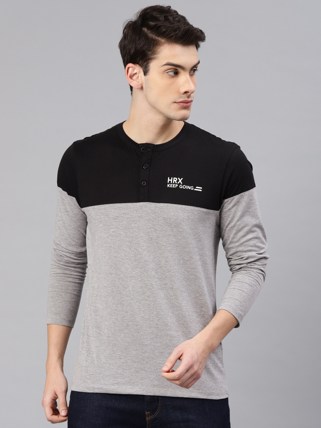 HRX by Hrithik Roshan Men Grey Melange Black Colourblocked Henley Neck Pure Cotton T-shirt
HRX by Hrithik Roshan Men Grey Melange Black Colourblocked Henley Neck Pure Cotton T-shirt