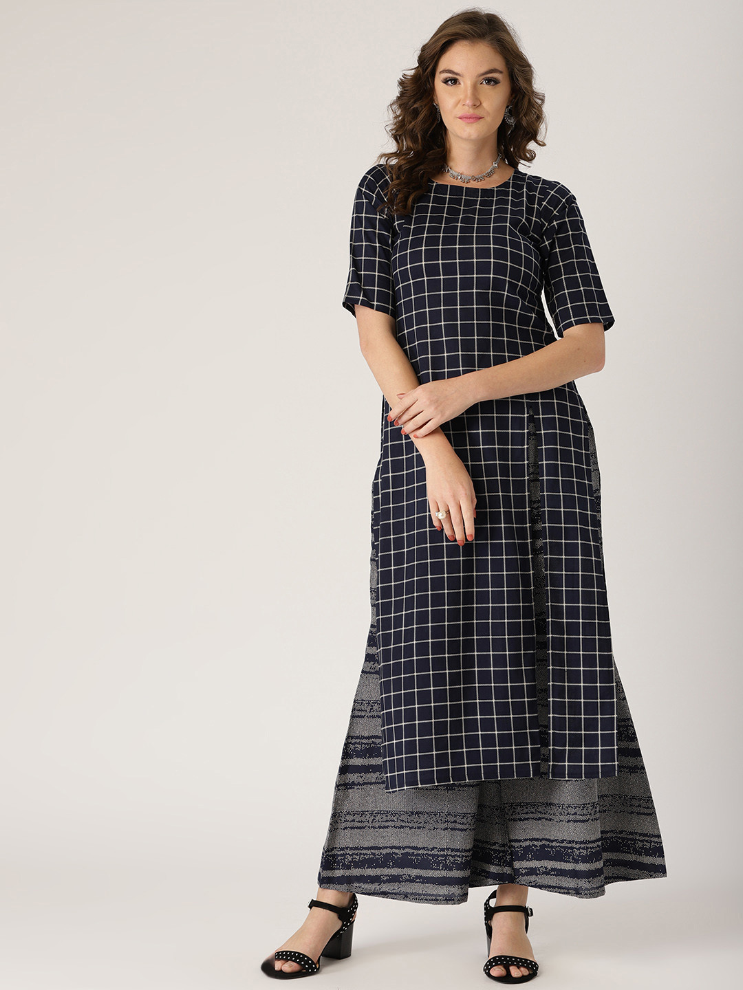 Libas Women Navy Blue Checked Kurta with Palazzos 
Libas Women Navy Blue Checked Kurta with Palazzos