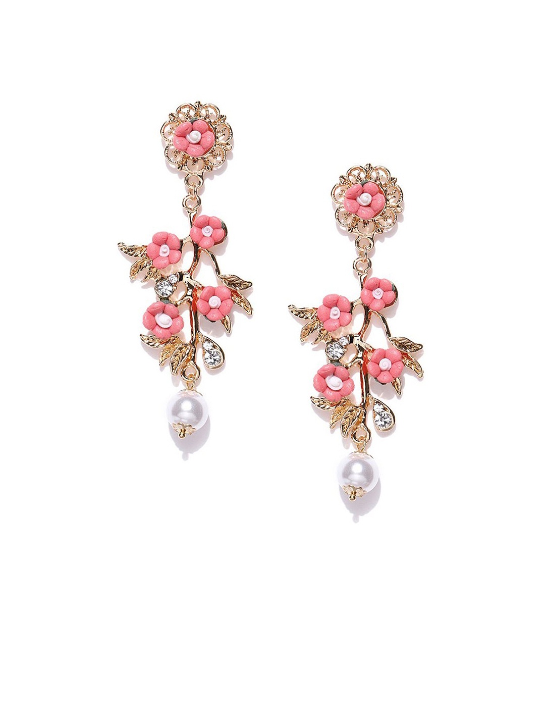Crunchy Fashion Women Pink & Gold-Toned Floral Drop Earrings