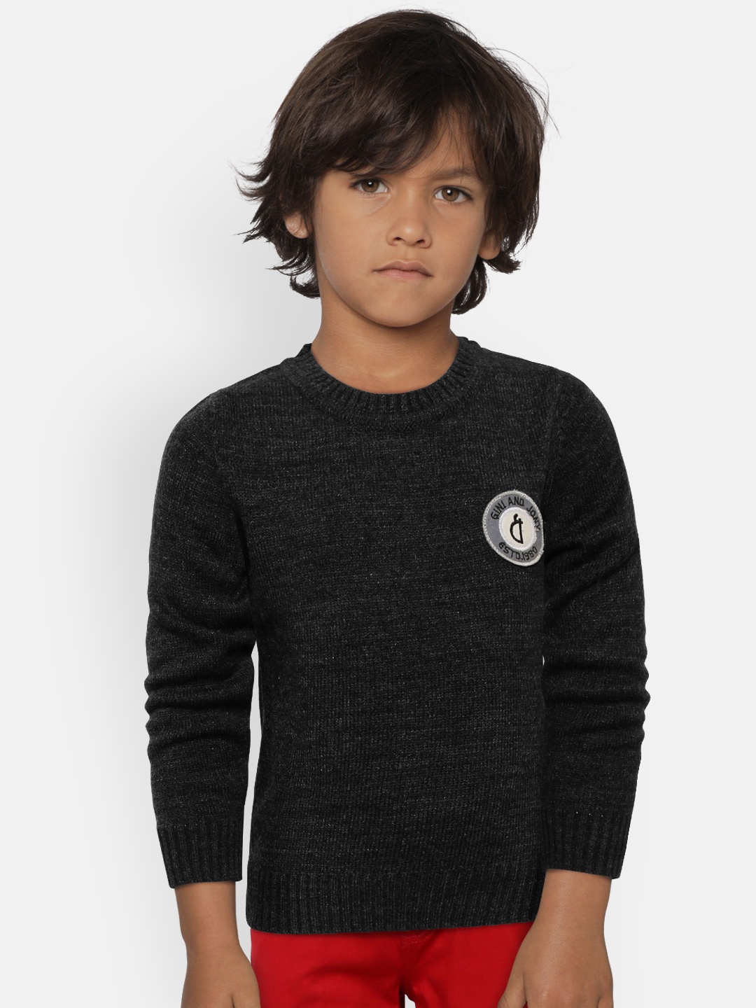 Gini and Jony Boys Charcoal Grey Solid Sweater