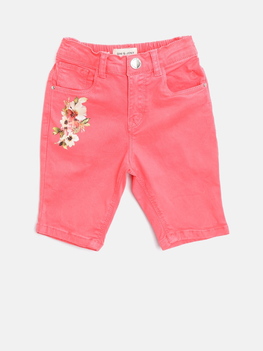 Gini and Jony Girls Coral Pink Solid Regular Fit Capris