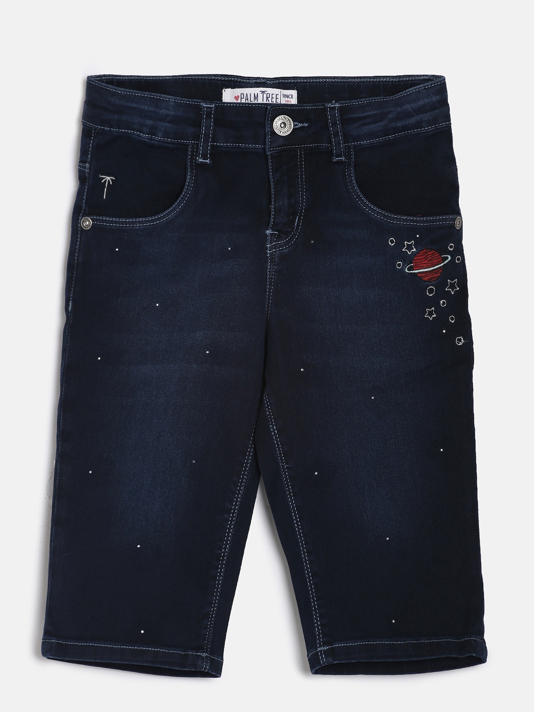 Palm Tree Girls Navy Blue Printed Regular Fit Denim Capris