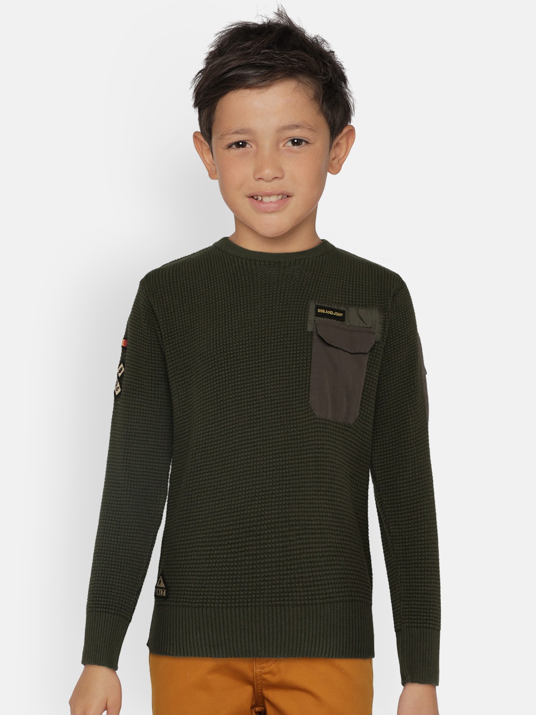 Gini and Jony Boys Green Solid Sweater