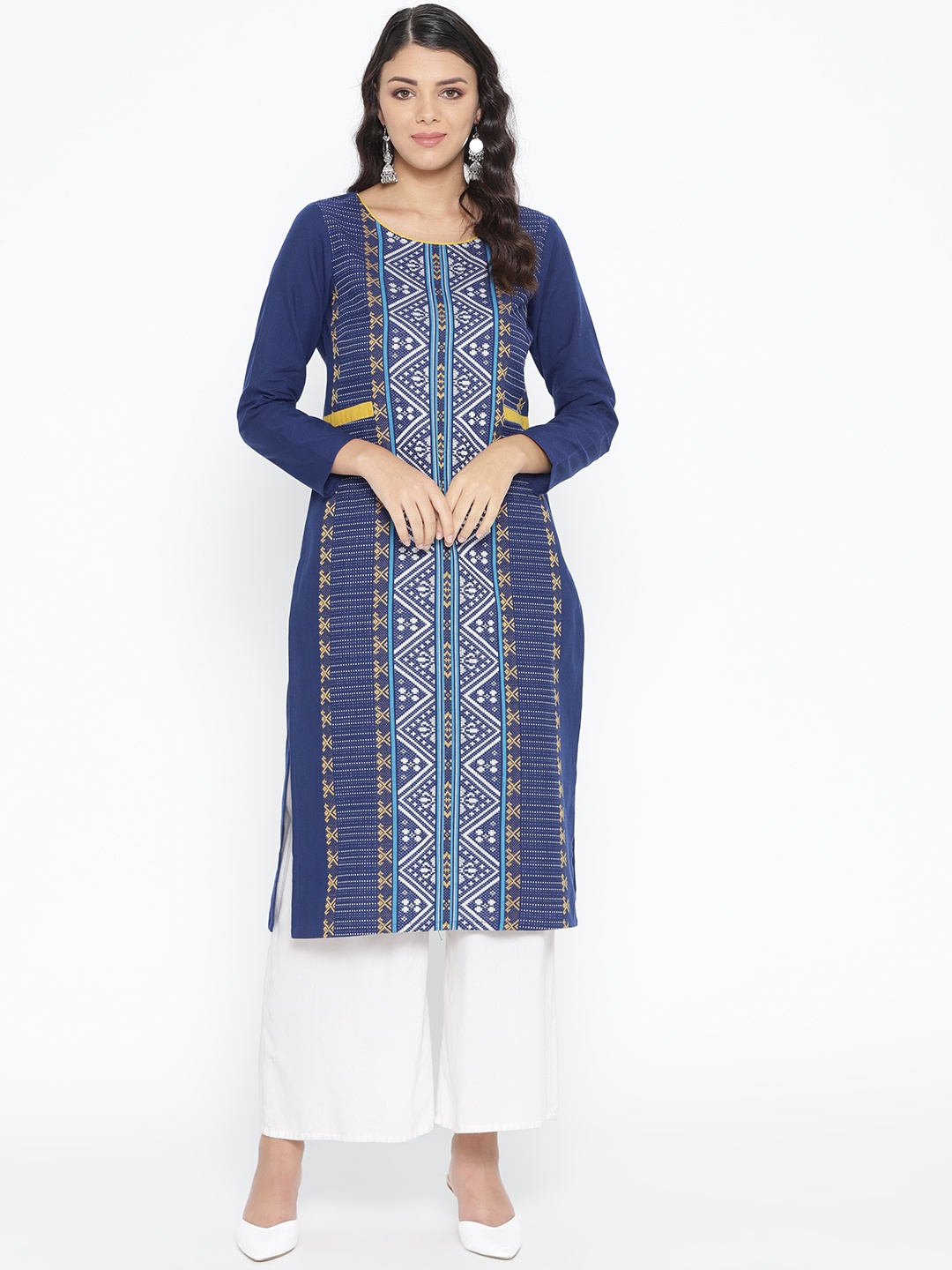 AURELIA Women Blue & White Woven Design Straight Kurta