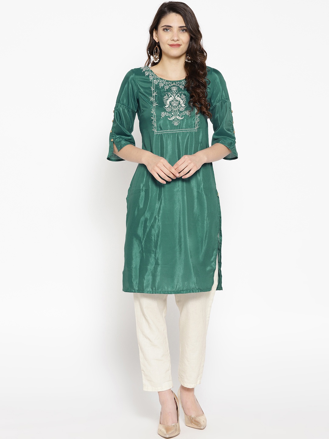 AURELIA Women Green Yoke Design Straight Kurta
