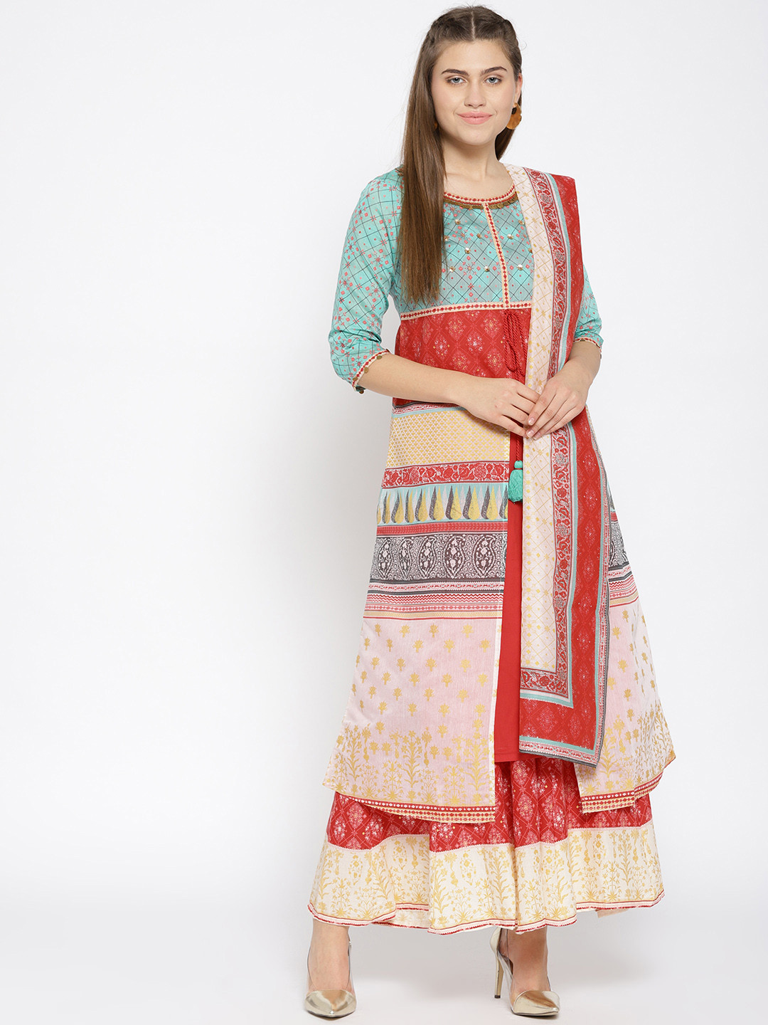 AURELIA Women Sea Green & Red Printed Kurta with Palazzos & Dupatta
AURELIA Women Sea Green & Red Printed Kurta with Palazzos & Dupatta