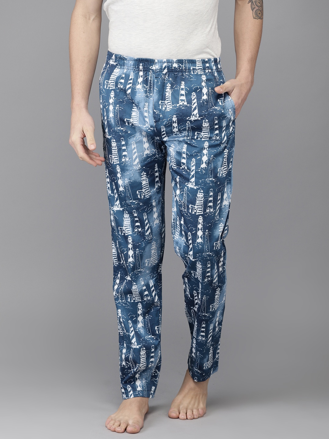 The Indian Garage Co Men Blue & White Printed Lounge Pants
