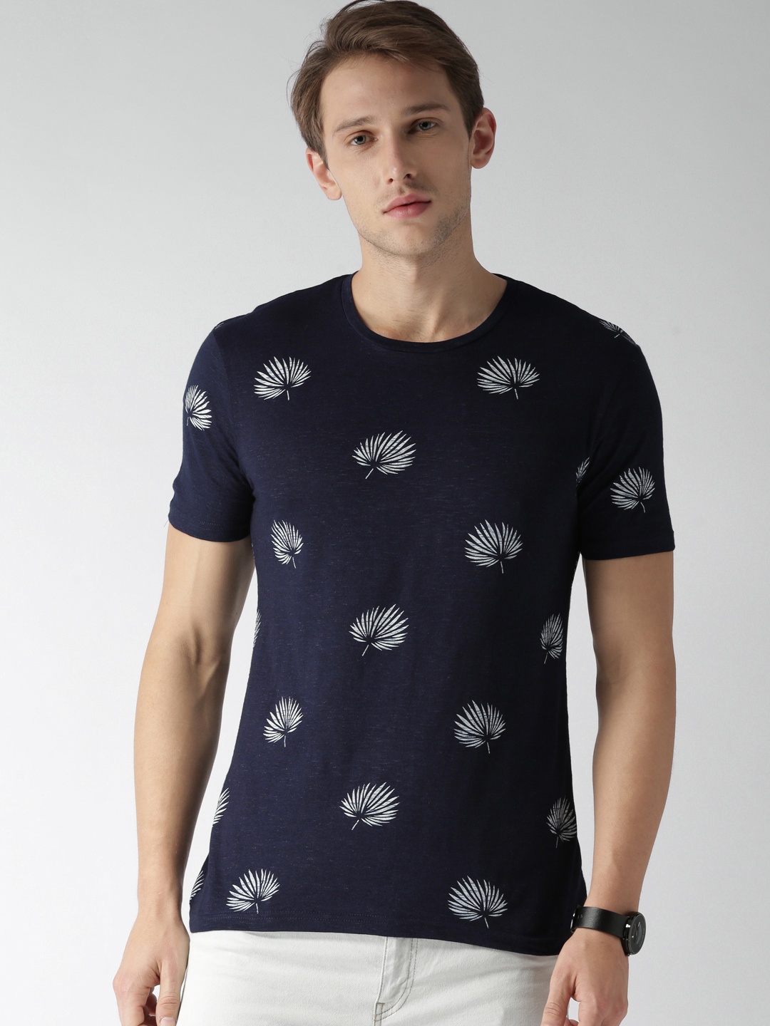 Celio Men Navy Printed Round Neck Pure Cotton T-shirt, Navy blue