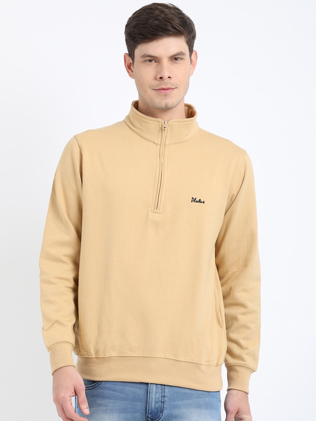 Plutus Men Beige Solid Sweatshirt