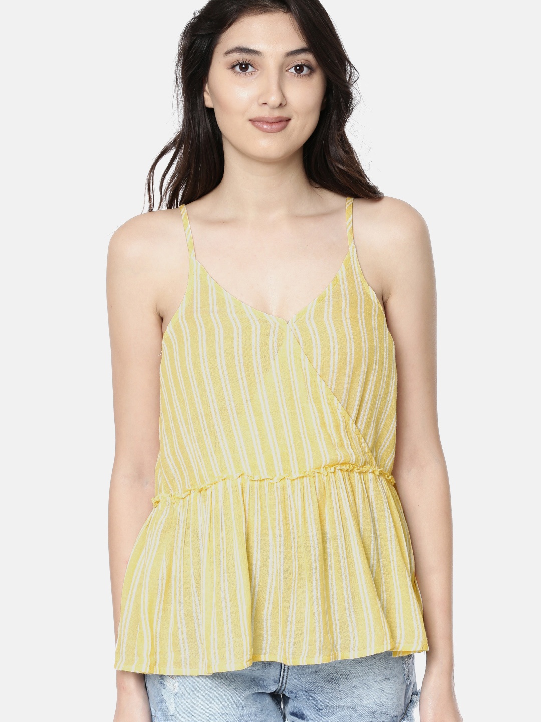 AMERICAN EAGLE OUTFITTERS Women Yellow & White Striped Peplum Top
