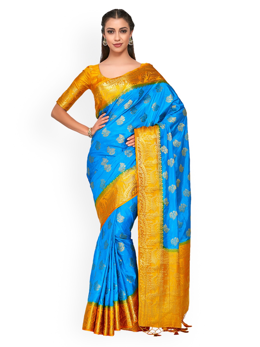 MIMOSA Turquoise Blue & Yellow Art Silk Woven Design Kanjeevaram Saree