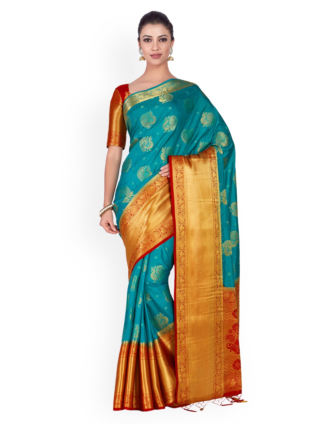 MIMOSA Turquoise Blue & Red Art Silk Woven Design Kanjeevaram Saree